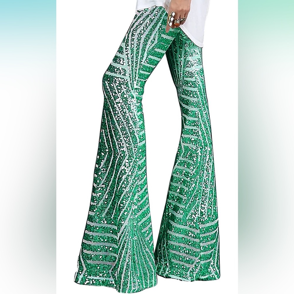 High Waist Wide Leg Palazzo Lounge Pants Sequin Bell Bottoms Trousers Disco